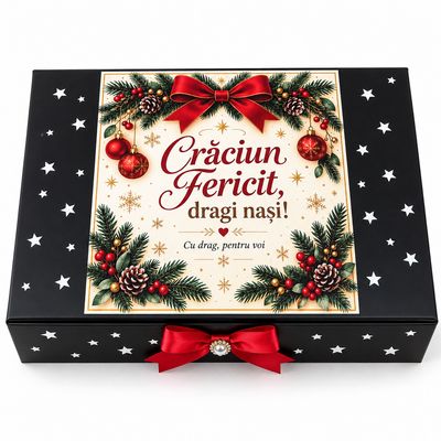 Cutie Cadou Premium de Crăciun pentru Nași – Set Festiv cu Căni, Băutură și Accesorii