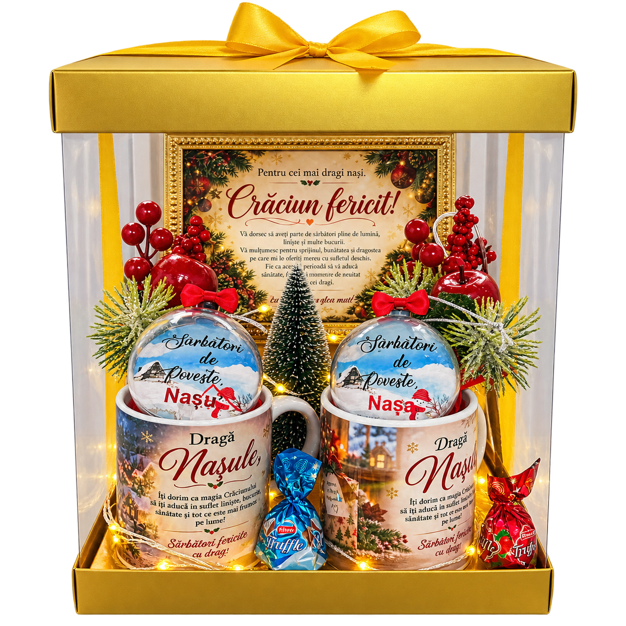 Set Cadou de Crăciun pentru Nași – Căni, Globuri și Decorațiuni în Cutie Elegantă cu Luminițe