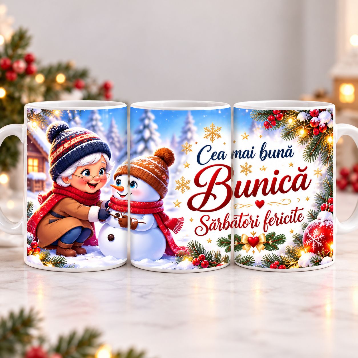 Cană de Crăciun pentru Bunică – „Cea Mai Bună Bunică” – Cadou Special de Sărbători, 330 ml