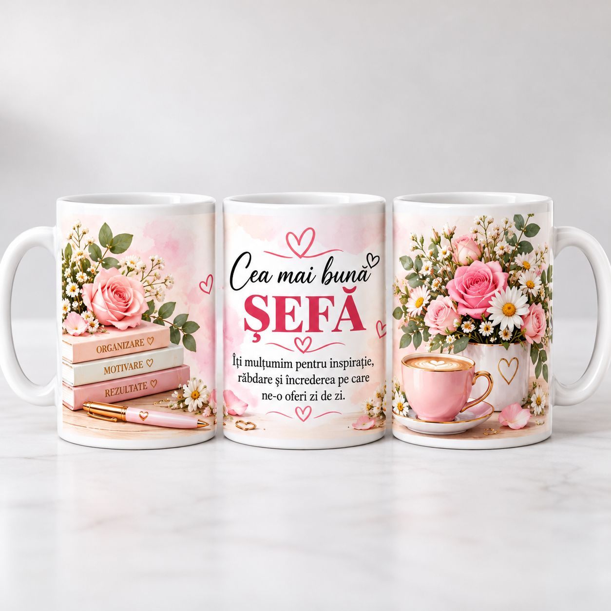 Cană Personalizată „Cea Mai Bună Șefă” – Cadou Elegant cu Mesaj de Mulțumire și Design Floral
