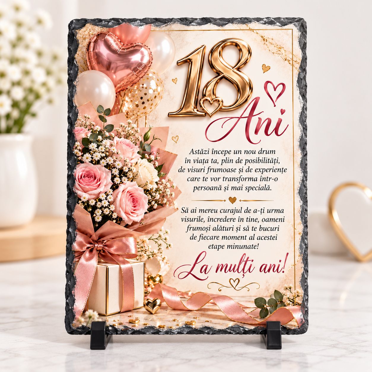 Piatră Ardezie Personalizată 13x18 cm – Cadou Aniversar 18 Ani pentru Fată, cu Mesaj Emoționant