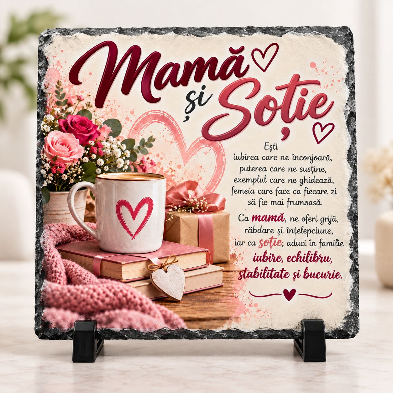 Piatră Ardezie Personalizată 20x20 cm – Mamă și Soție, Cadou Emoționant cu Mesaj de Iubire