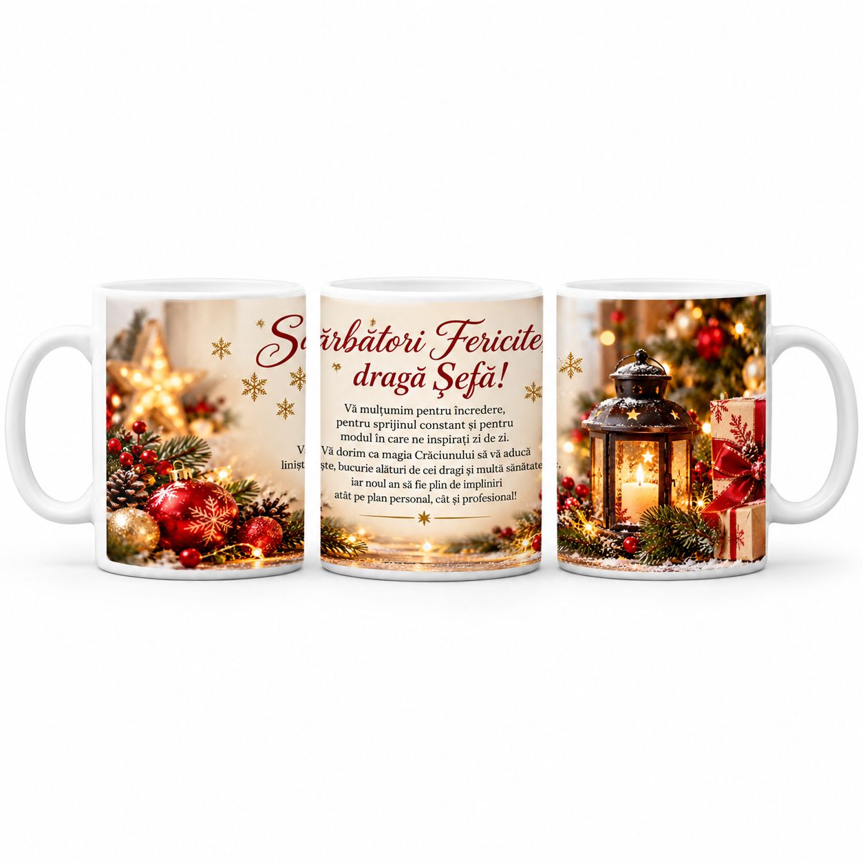 Cană Cadou de Crăciun pentru Șefă – Sărbători Fericite, Dragă Șefă! – 330 ml