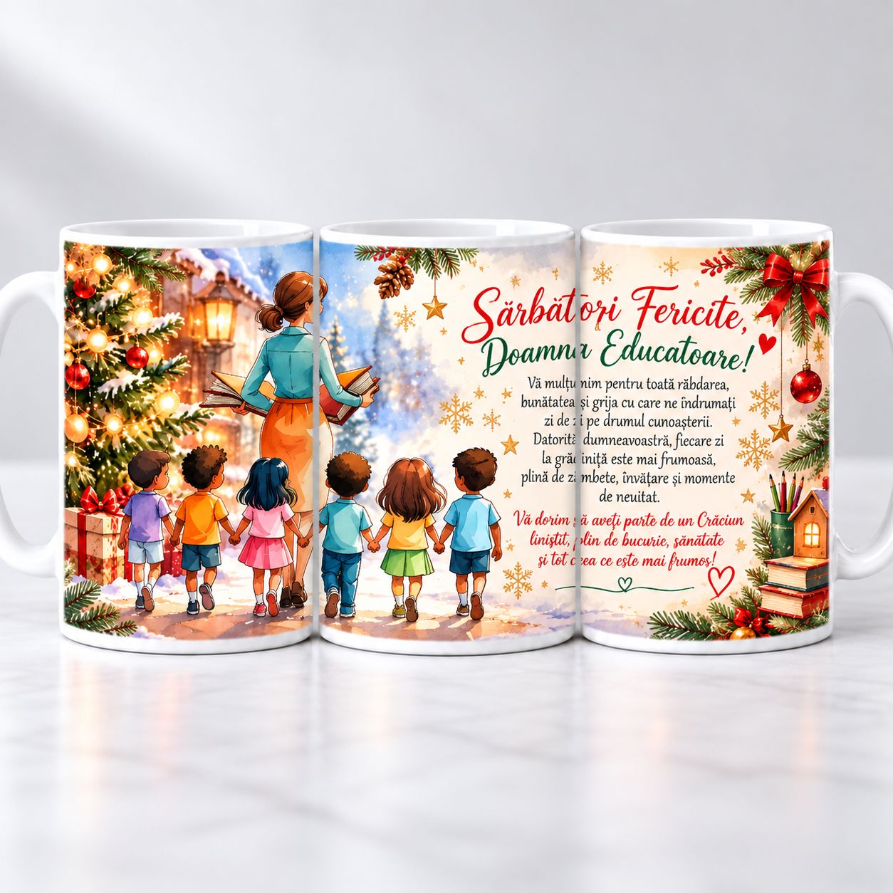 Cană pentru Educatoare – Sărbători Fericite, Doamna Educatoare! – Cadou de Crăciun, 330 ml