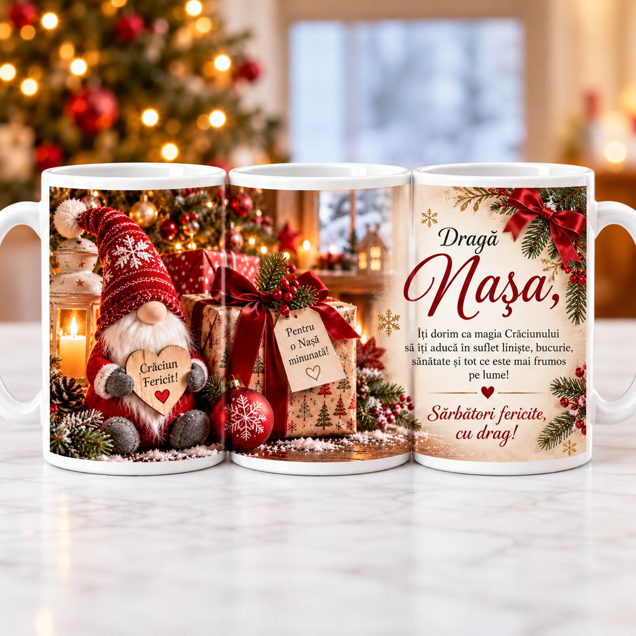 Cană Cadou de Crăciun pentru Nașă – Cu Mesaj Emoționant și Spiriduș Festiv, 330 ml