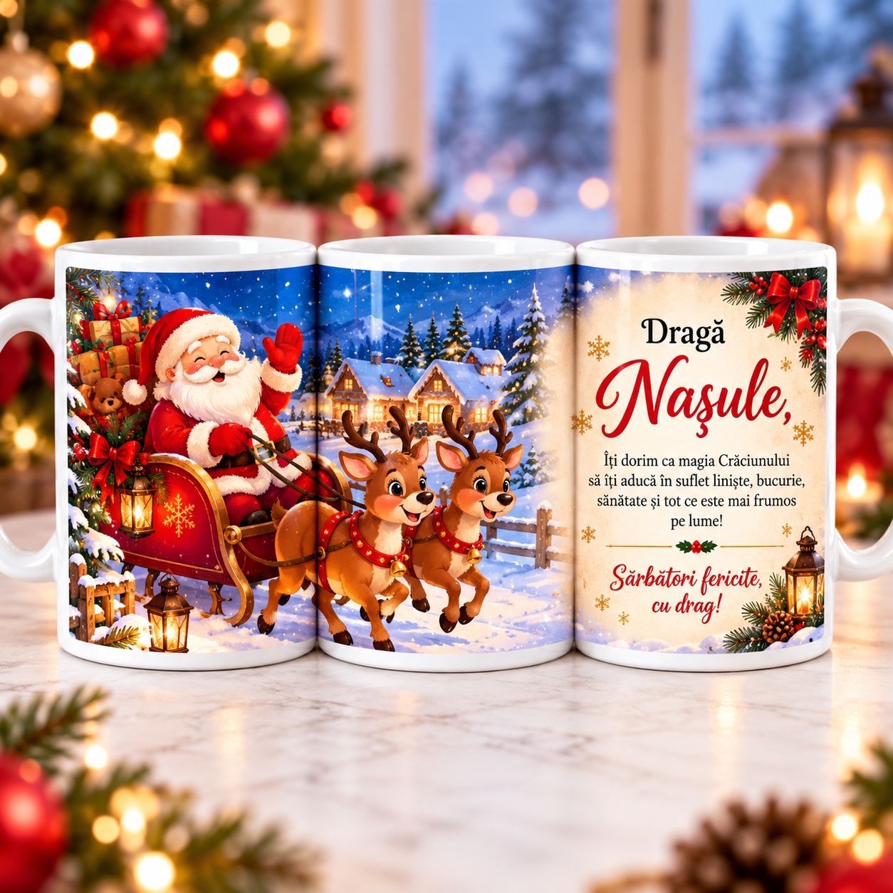 Cană Cadou de Crăciun pentru Naș – Mesaj Emoționant și Design Festiv cu Moș Crăciun, 330 ml