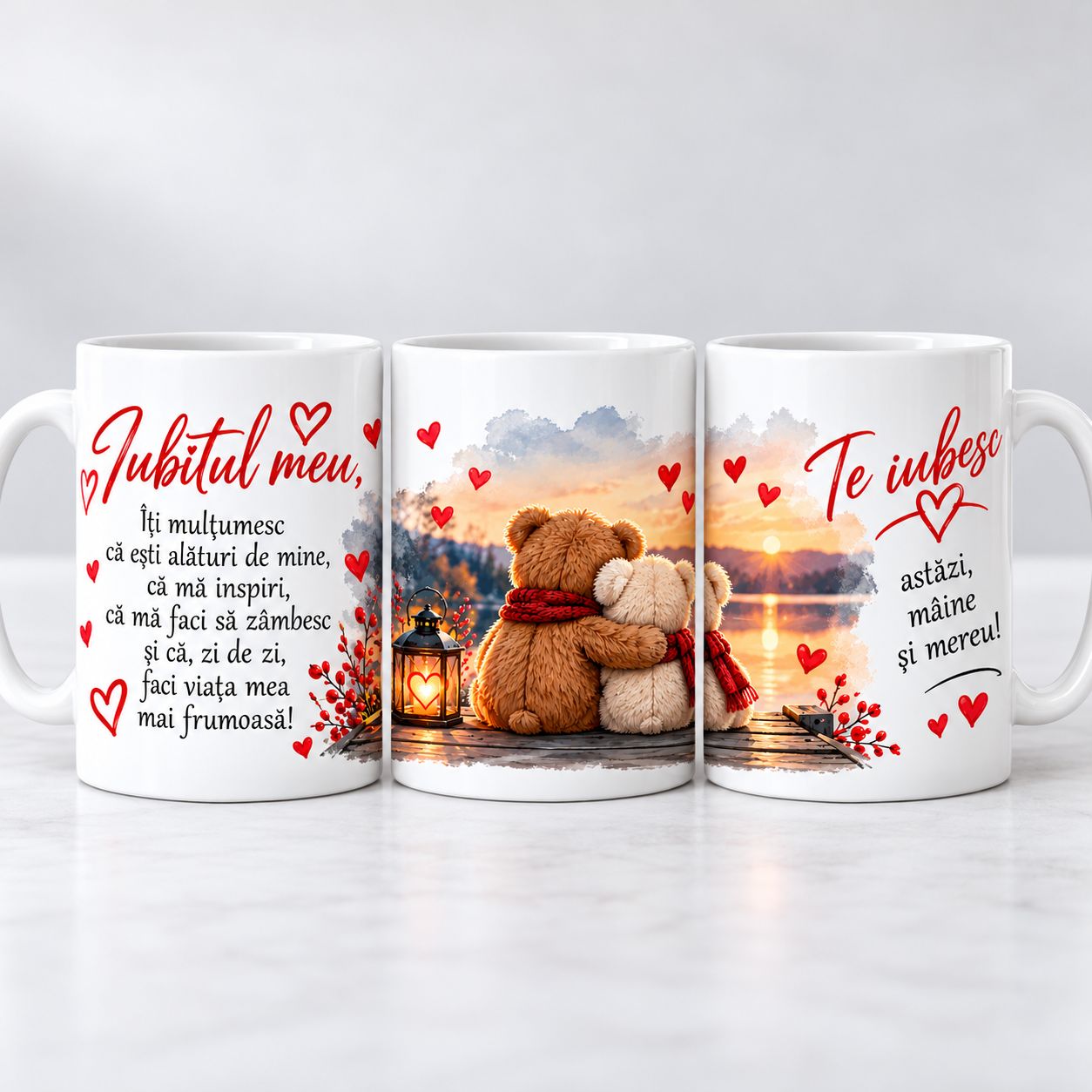 Cană pentru Iubit – „Iubitul Meu, Te Iubesc” cu Mesaj Romantic și Ursuleți Îndrăgostiți, 330 ml