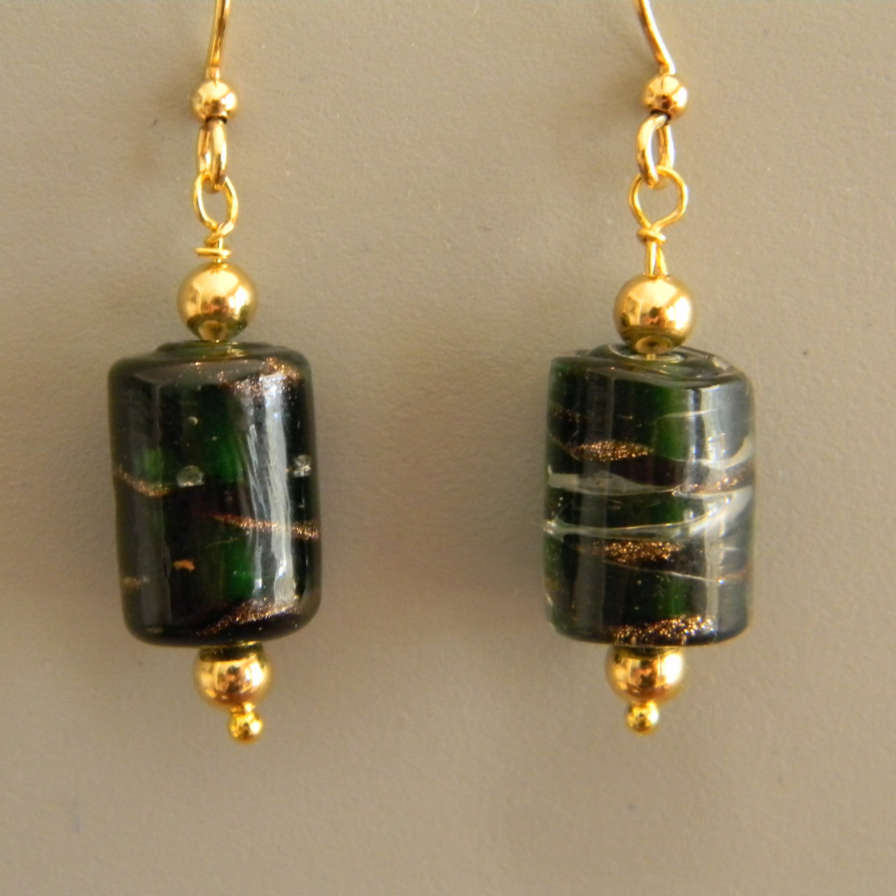 Dark Green &amp; Copper Lampwork Earrings w/Gold