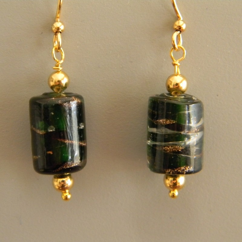 Dark Green &amp; Copper Lampwork Earrings w/Gold