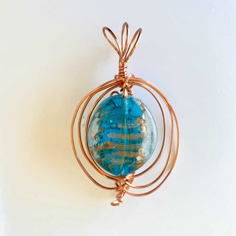 Turquoise &amp; Copper Lampwork Glass Pendant
