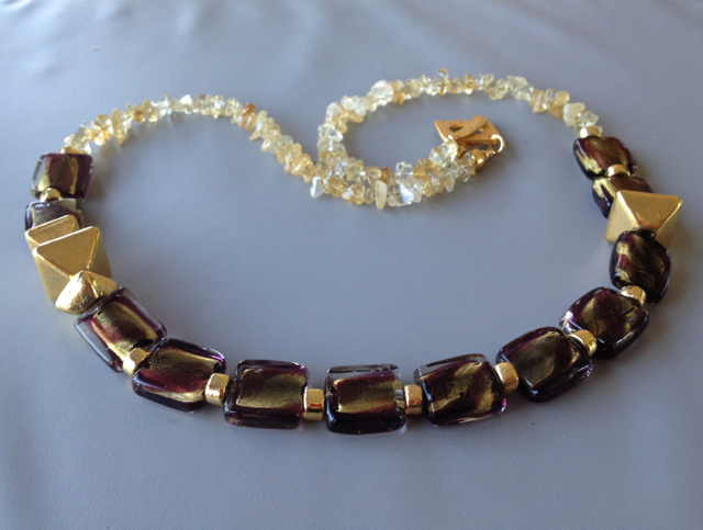 Burgundy/Gold Foil Lampwork &amp; Citrine Necklace