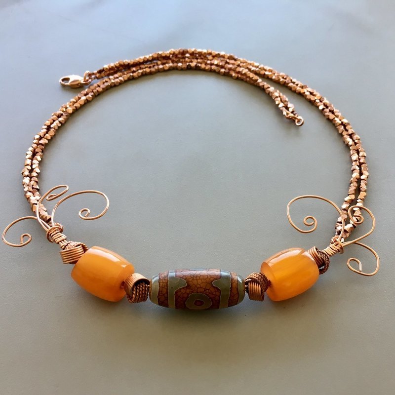 African Copal, Tibetan Agate &amp; Copper Necklace