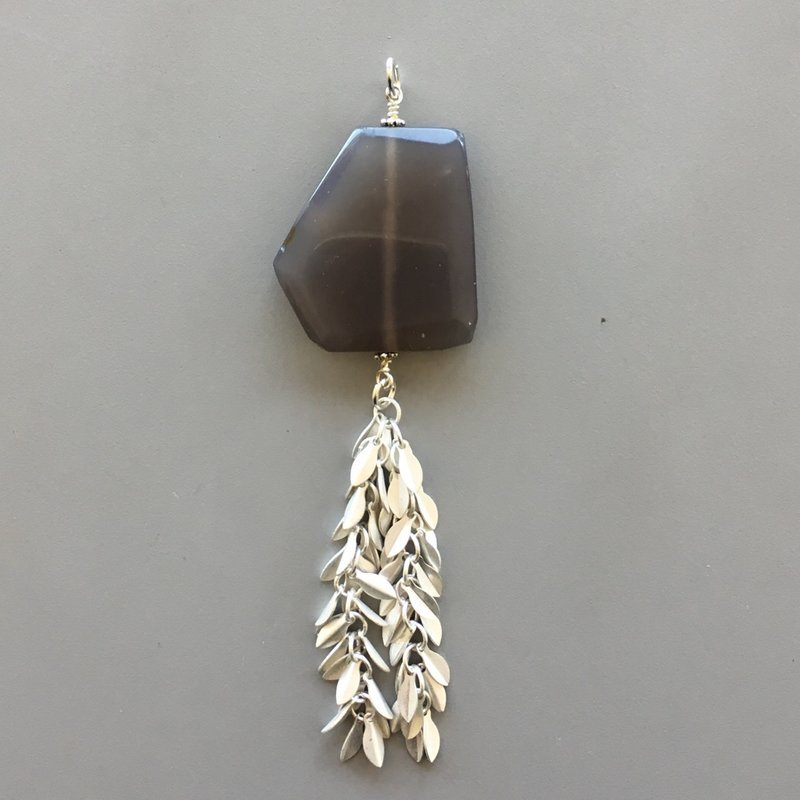 Geometric Gray Agate Pendant with Small Silver Leaf Chain