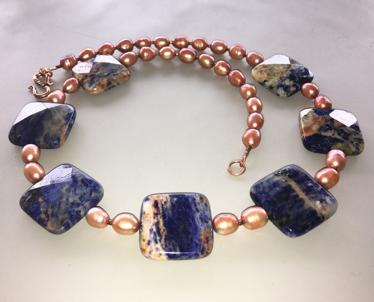 Square Sodalite &amp; Copper Rice Pearl Necklace