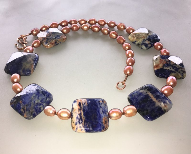 Square Sodalite &amp; Copper Rice Pearl Necklace