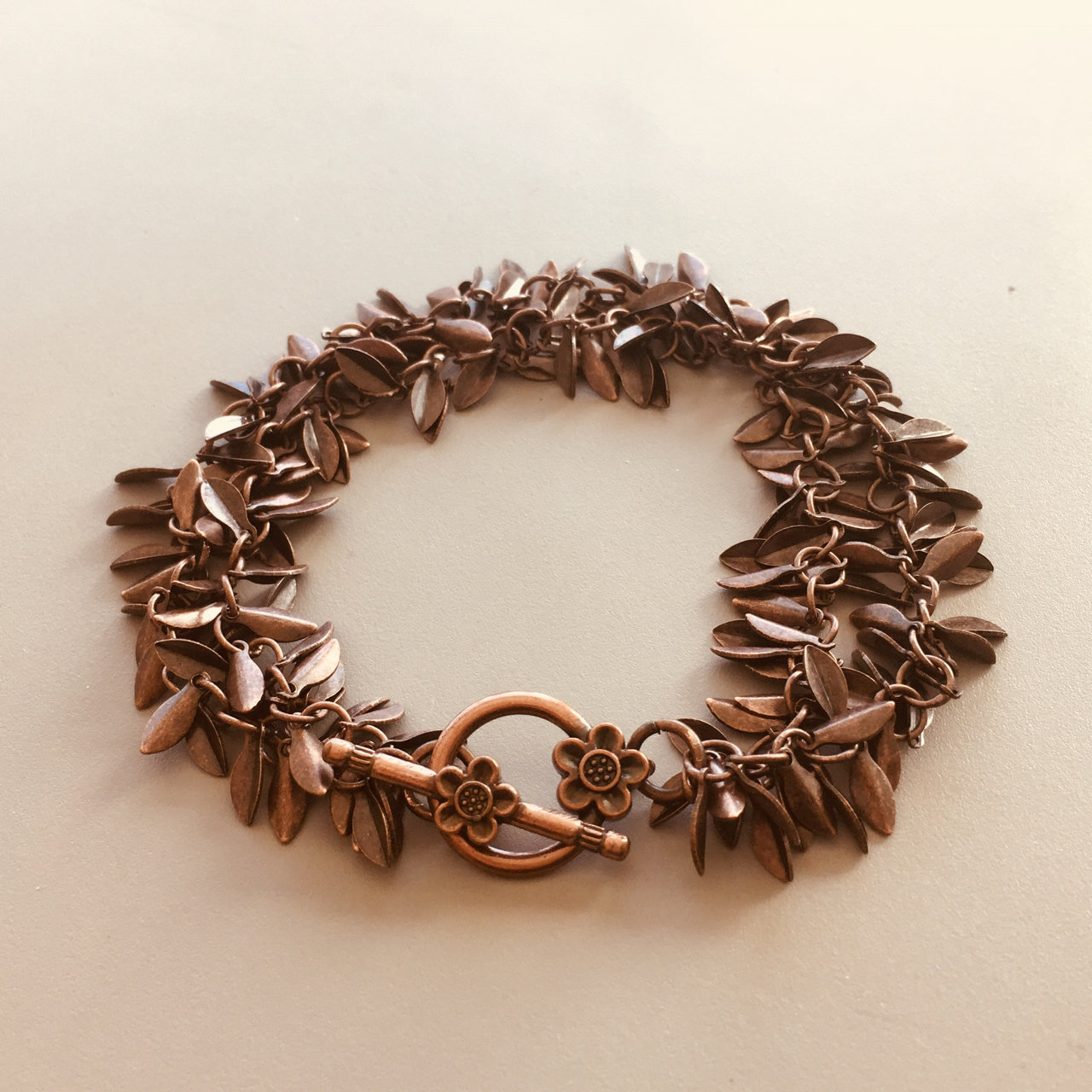 Antique Copper Small Leaf Bracelet w/Flower Clasp (Double)