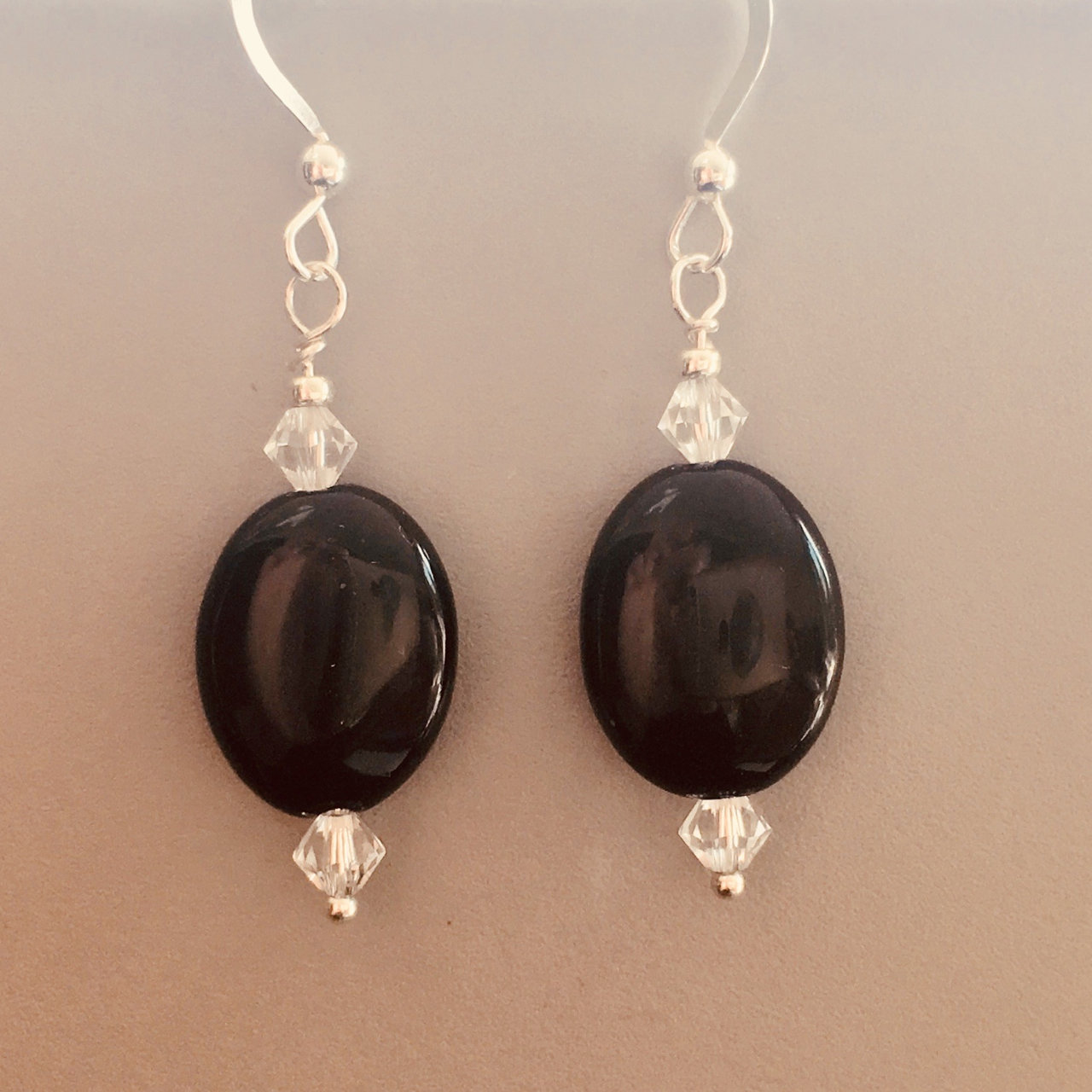 Oval Onyx Earrings w/Swarovski Crystals - S