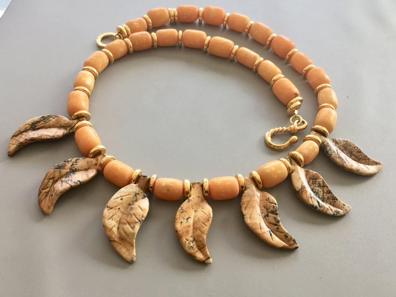 Picture Jasper Leaf Necklace with Mykonos Gold