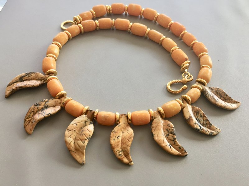Picture Jasper Leaf Necklace with Mykonos Gold