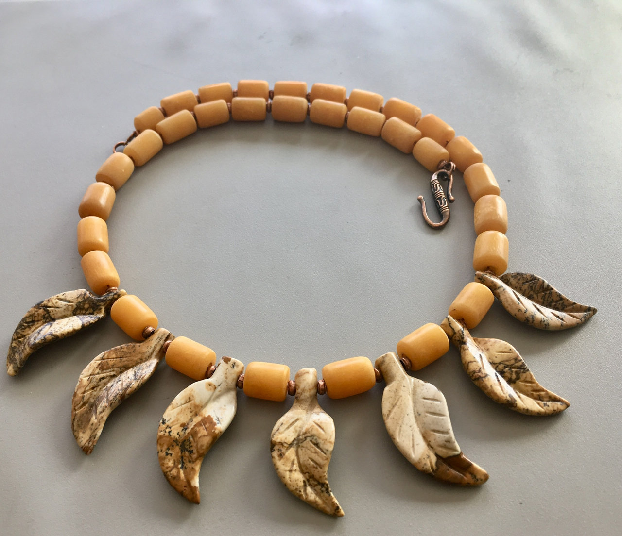 Picture Jasper Leaf Necklace w/Antique Copper