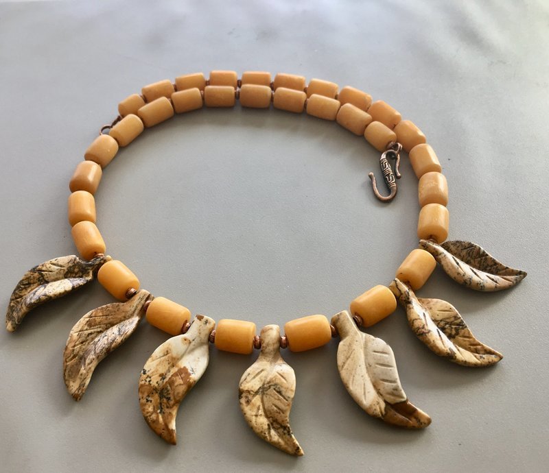 Picture Jasper Leaf Necklace w/Antique Copper