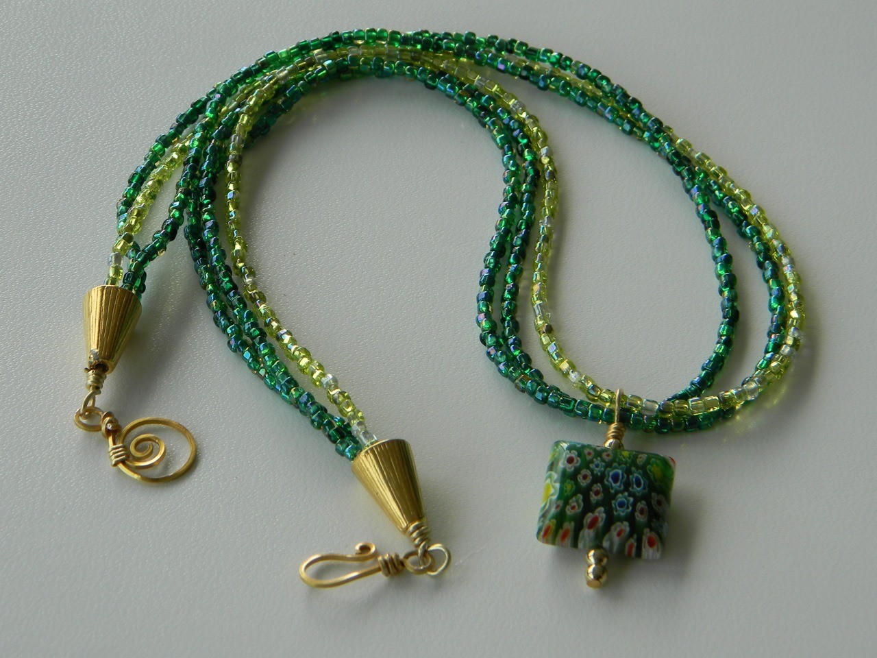 Triple-strand Necklace with Green Millefiori Focal Bead