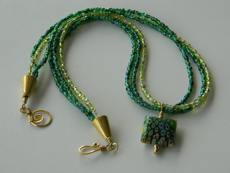 Triple-strand Necklace with Green Millefiori Focal Bead