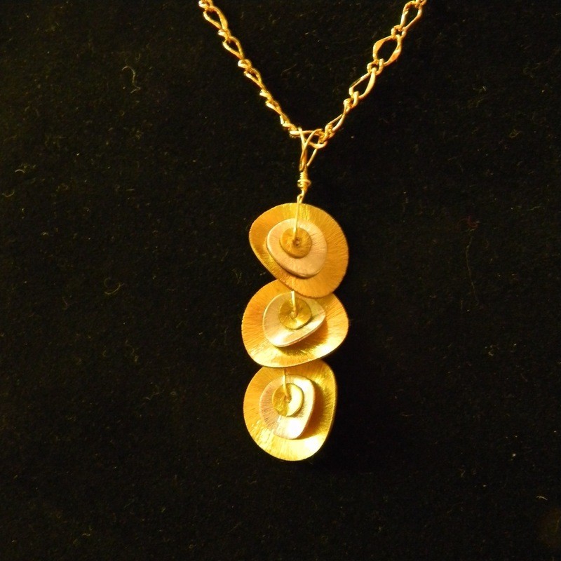 Gold and Silver Wavy Disc Pendant Necklace w/Gold Chain