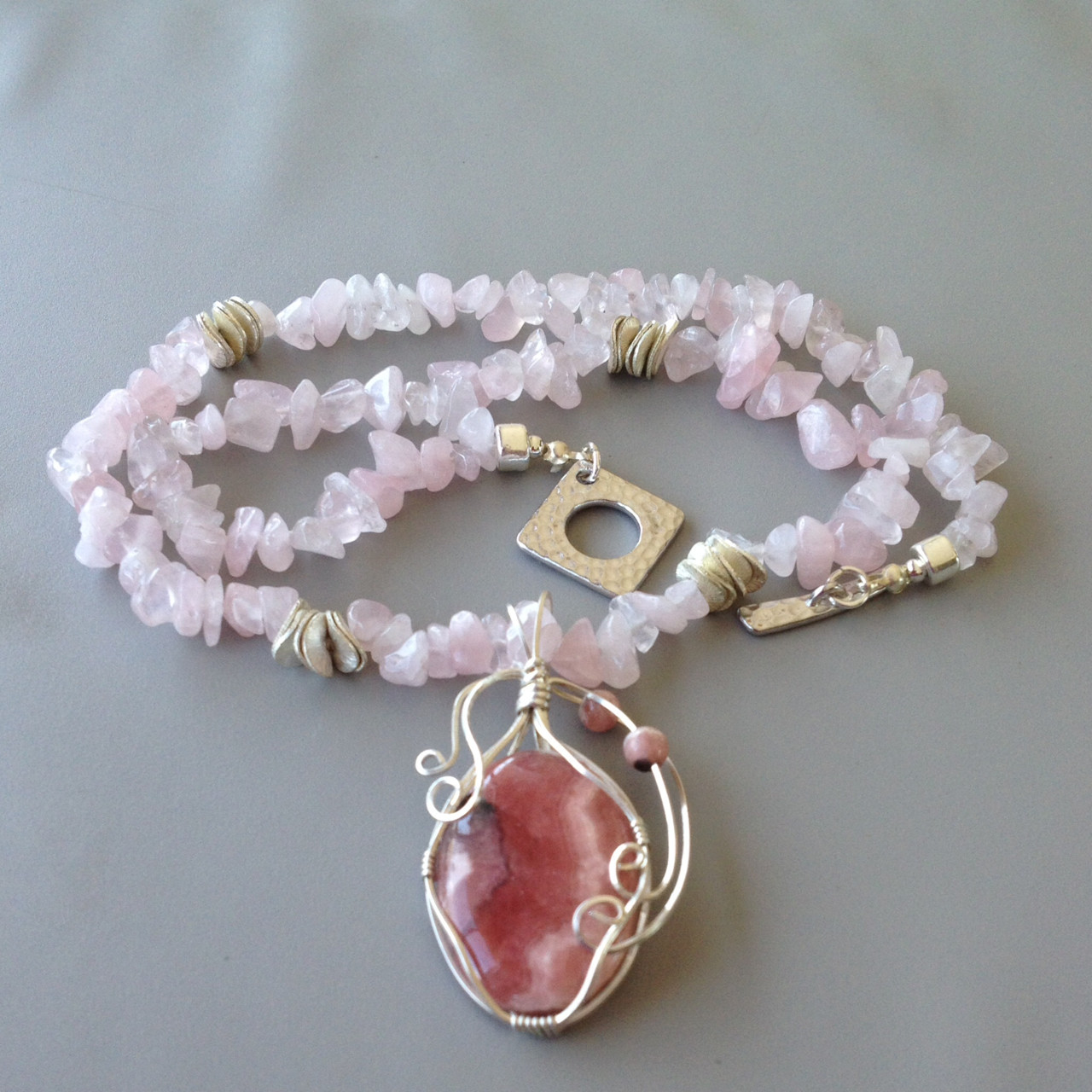 Rose Quartz Necklace with Argentium wrapped Rhodochrosite Pendant