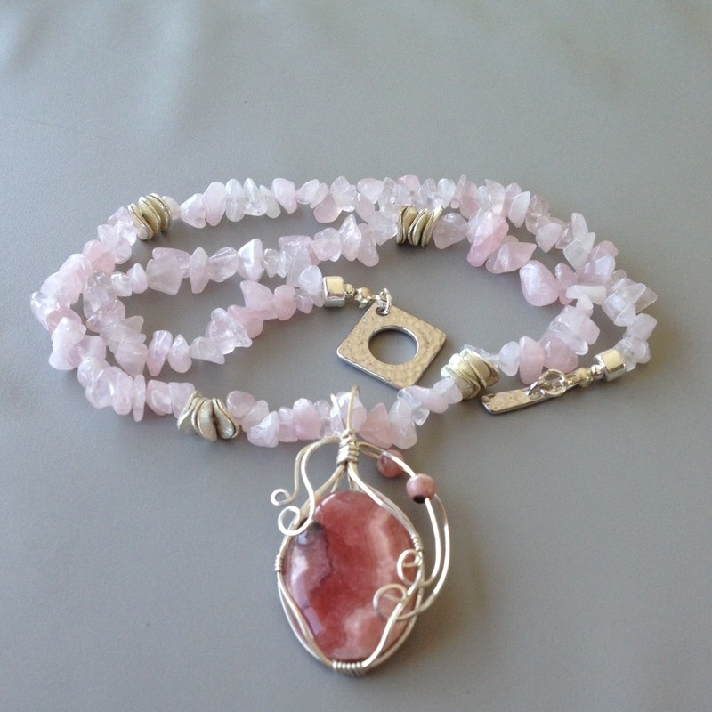Rose Quartz Necklace with Argentium wrapped Rhodochrosite Pendant