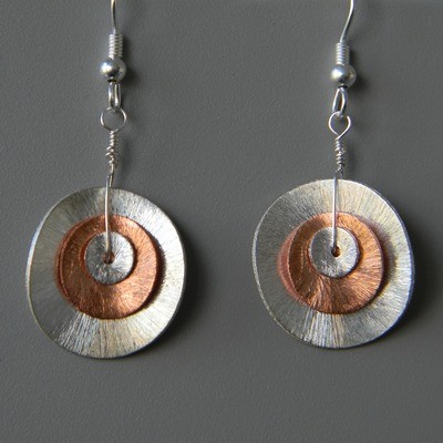 Silver &amp; Copper Wavy Disk Earrings