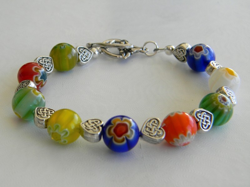 Multi-colored Round Millefiori bracelet w/Silver Hearts
