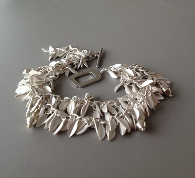 Double-strand Matte Silver Small Leaf Bracelet w/Silver Dangles