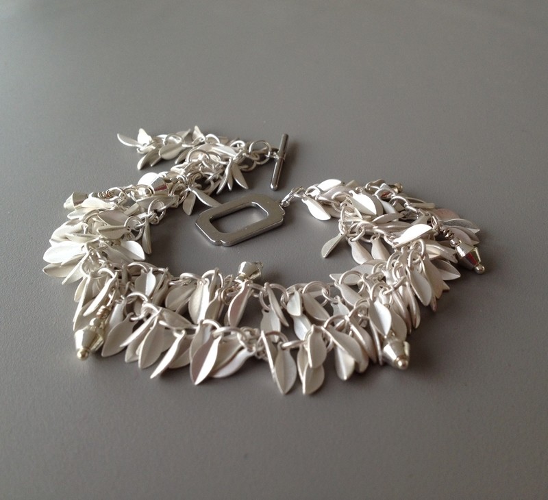 Double-strand Matte Silver Small Leaf Bracelet w/Silver Dangles