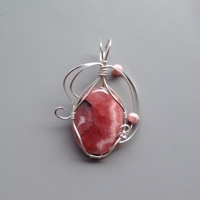 Rhodochrosite Oval Pendant - Argentium wrapped