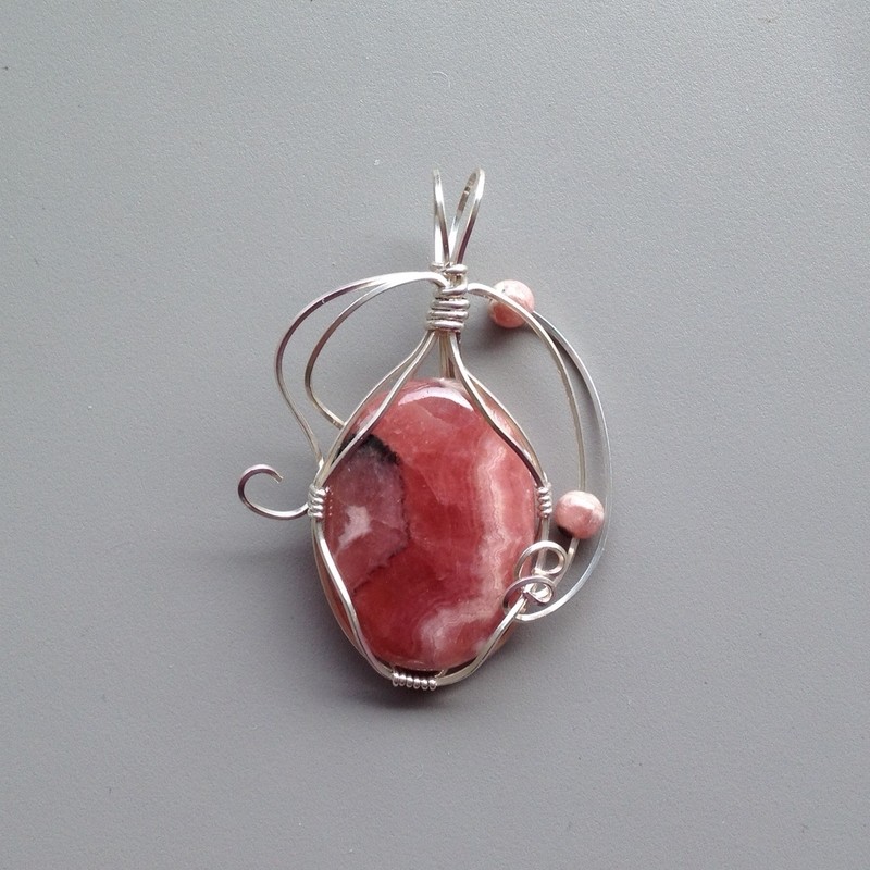 Rhodochrosite Oval Pendant - Argentium wrapped