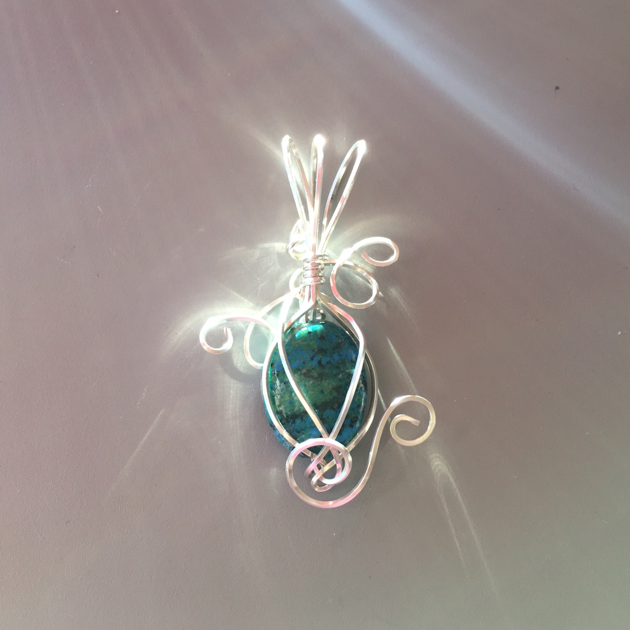 Blue-green Dyed Turquoise Pendant w/Argentium Silver Wire Wrap