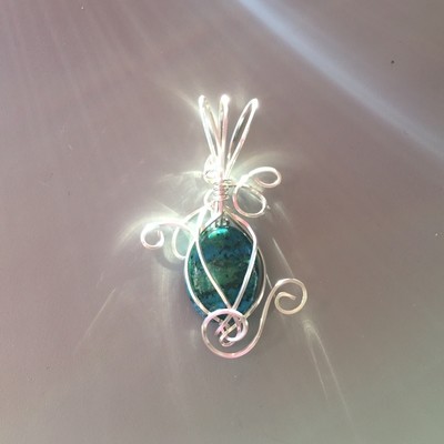 Blue-green Dyed Turquoise Pendant w/Argentium Silver Wire Wrap