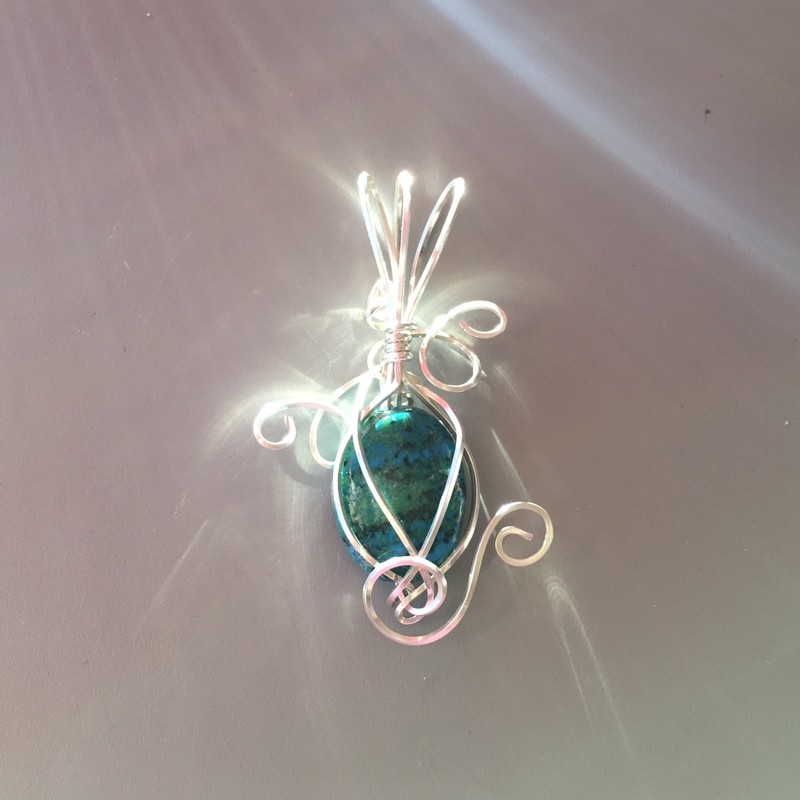 Blue-green Dyed Turquoise Pendant w/Argentium Silver Wire Wrap