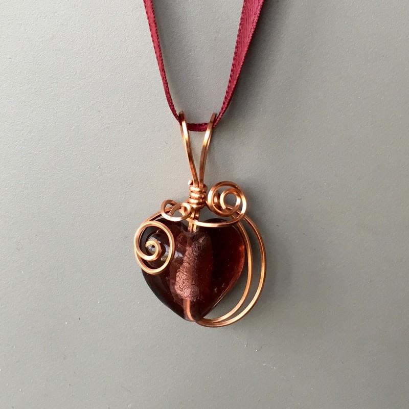 Copper Wire-wrapped Plum/Foil Heart Pendant