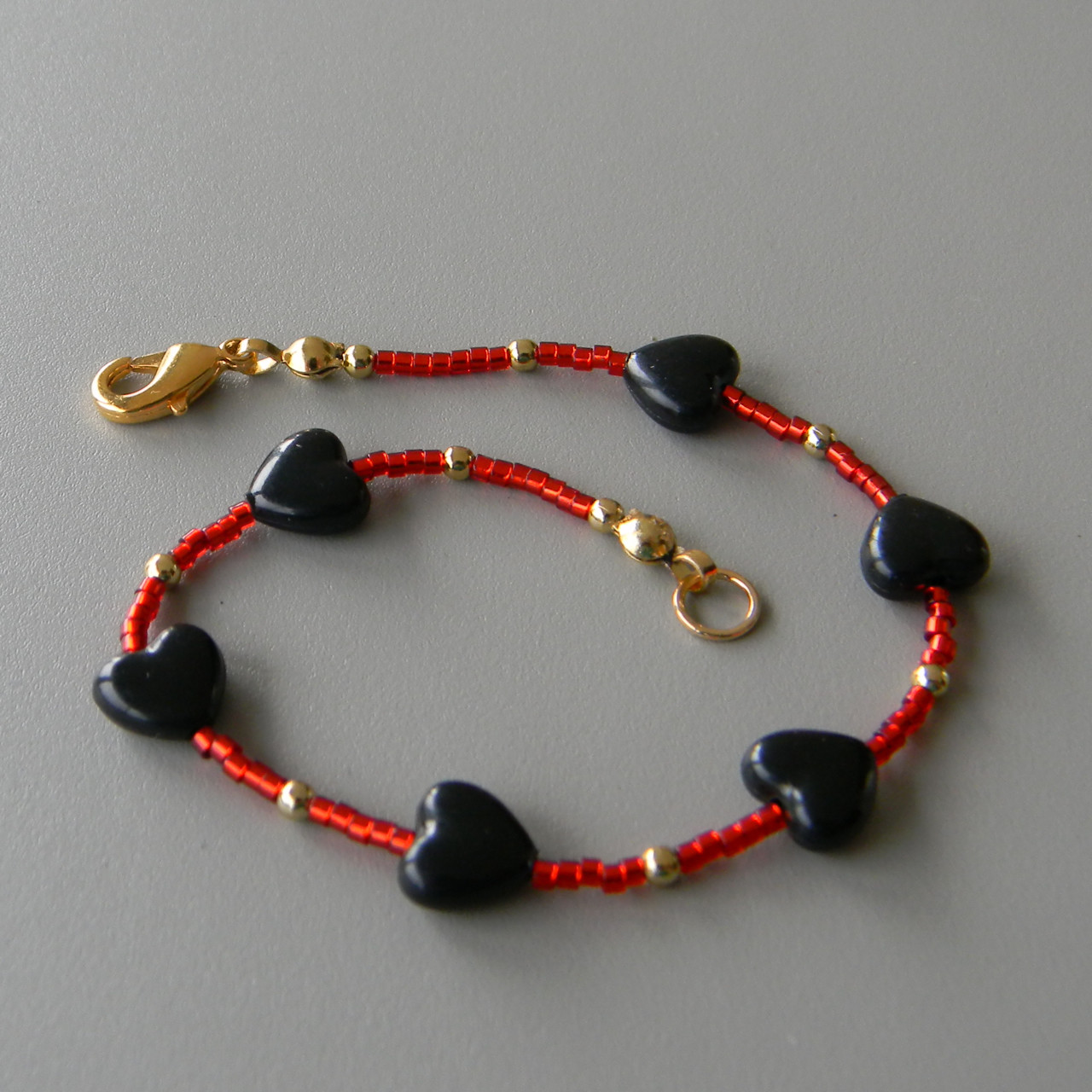 Black Heart Bracelet with Red Beads