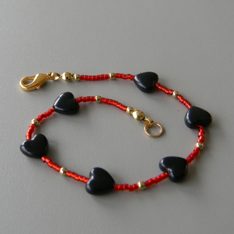 Black Heart Bracelet with Red Beads