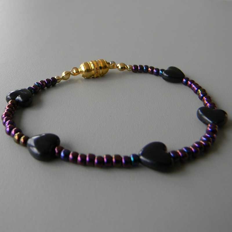 Black Heart Bracelet with Violet Irridescent Beads