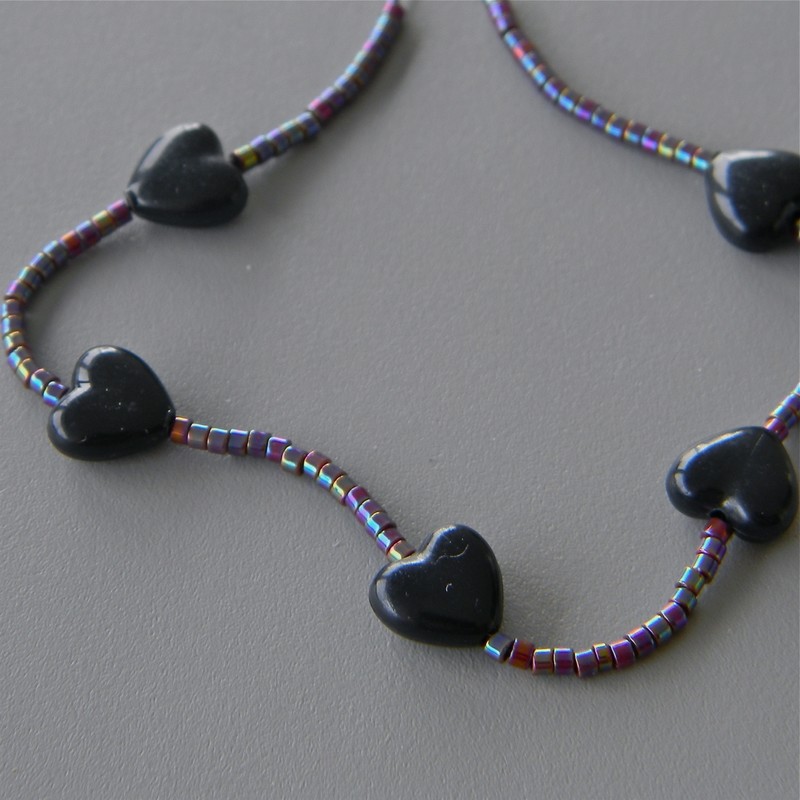 Black Heart Bracelet with Small Violet Irridescent Beads