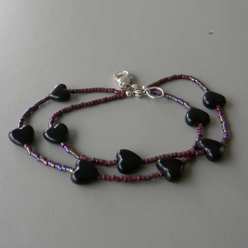 Black Heart Double-Strand Bracelet with Small Violet Irridescent Beads