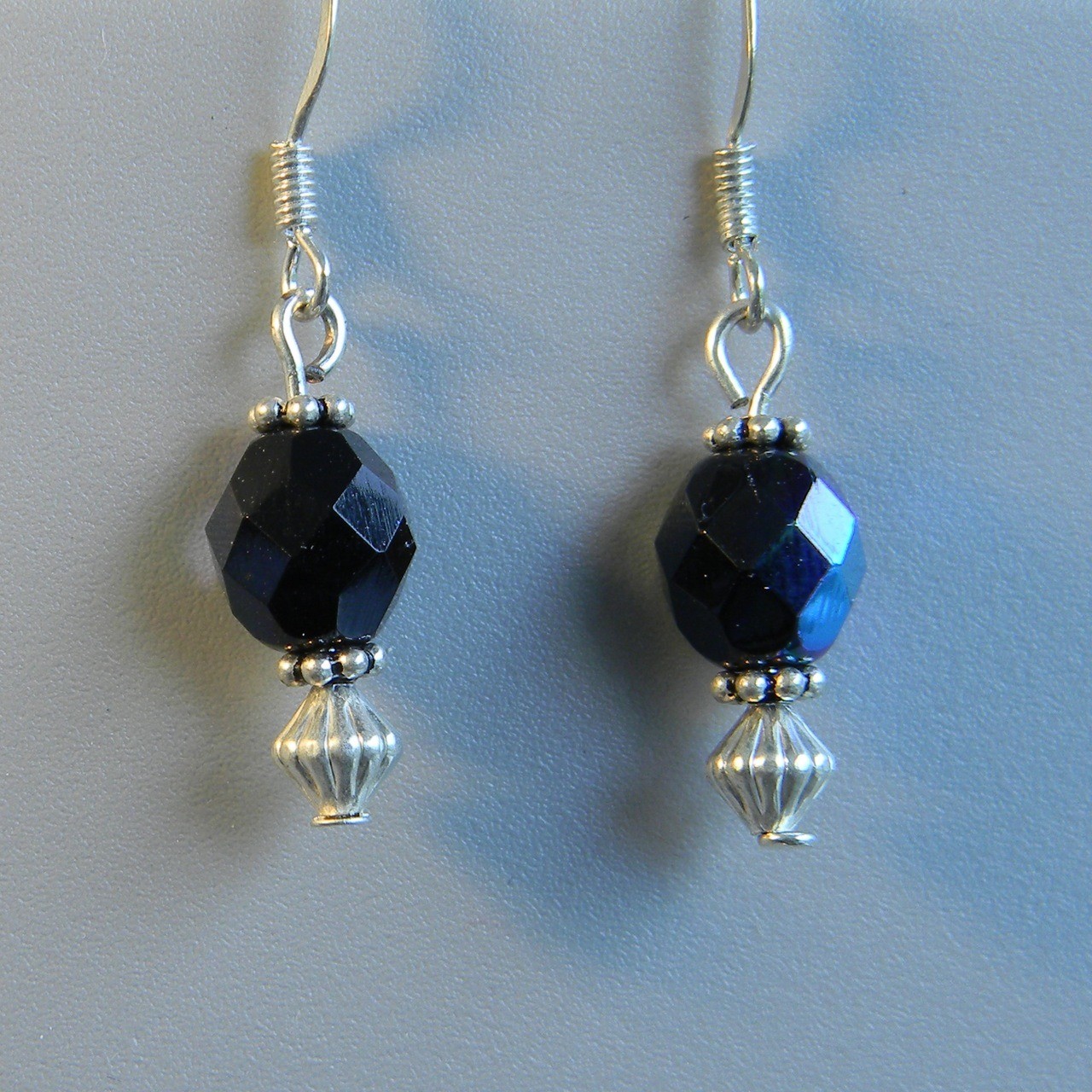 Blue/Black Glass Crystal &amp; Silver Earrings