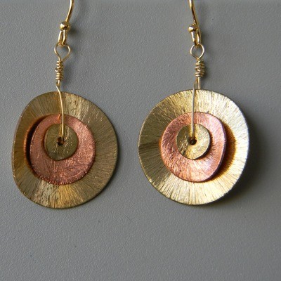 Gold &amp; Copper Wavy Disk Earrings