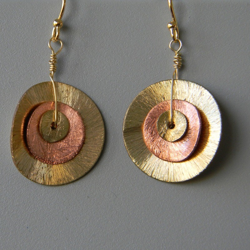 Gold &amp; Copper Wavy Disk Earrings