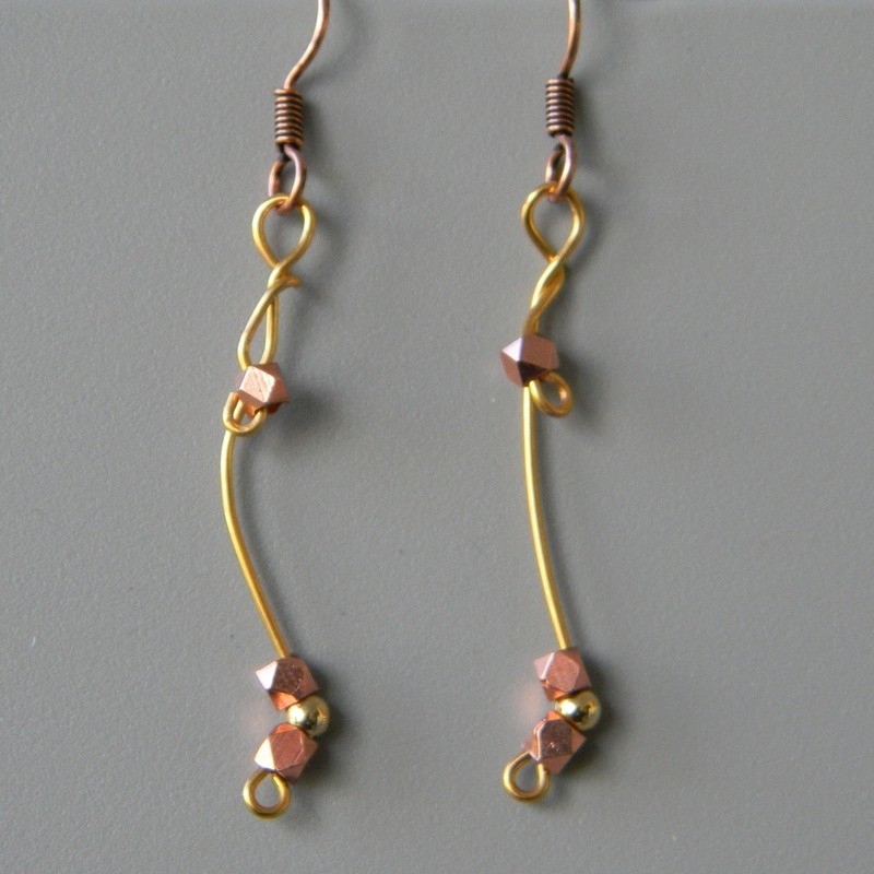 Curved Gold Wire Earrings with Copper Beads