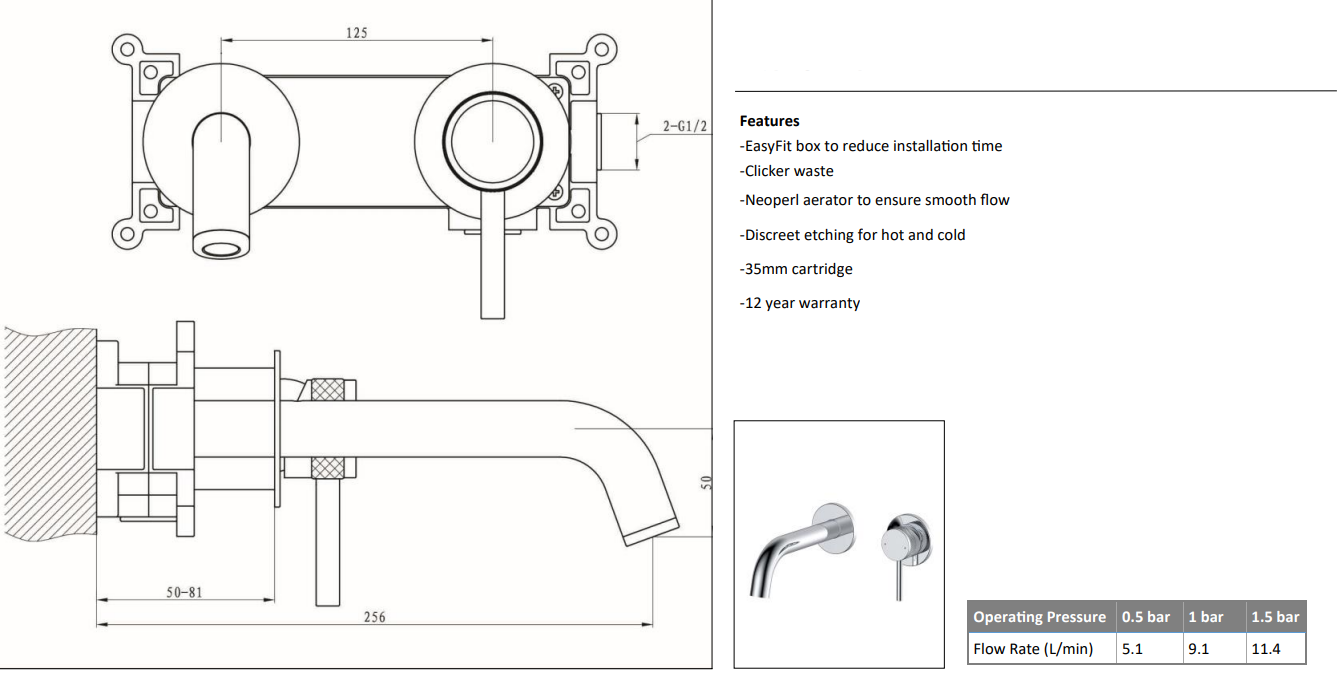 Siena Wall Mounted Basin Mixer Brushed Brass